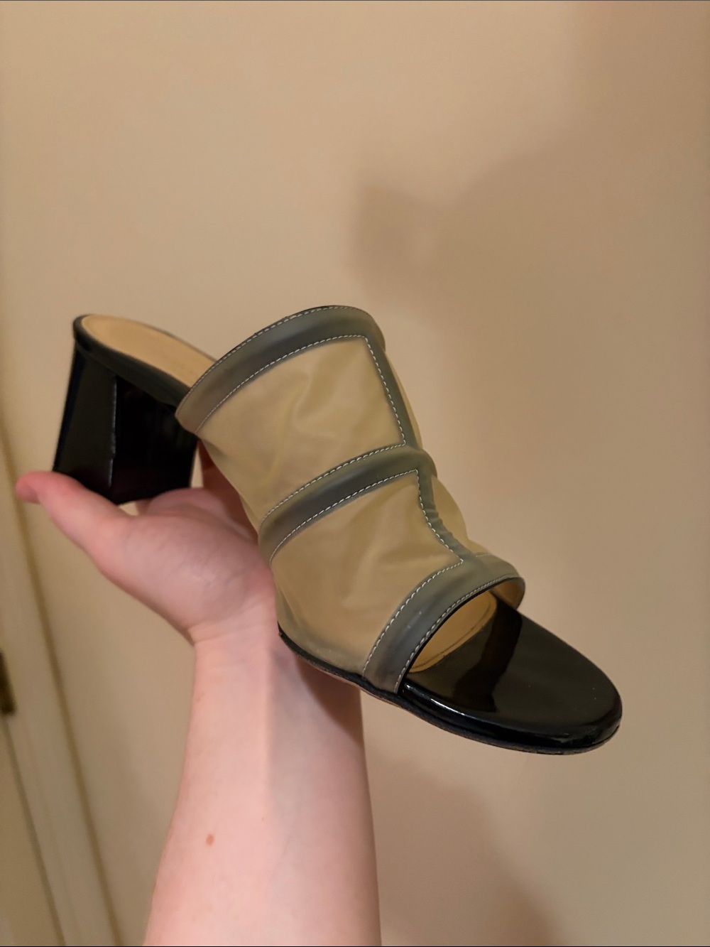 Olive Green Slip-On Block Heel Mule with Black Patent Sole